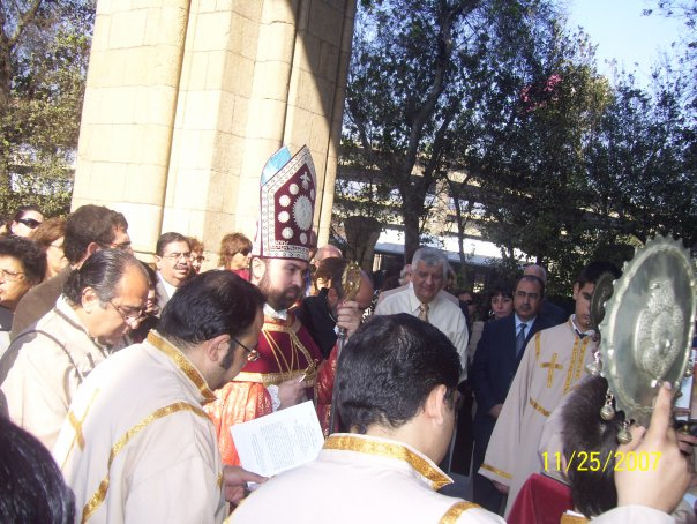 Hrashapar entrance to the Church, Bishop Ashod Mnatsaganian heads the procession