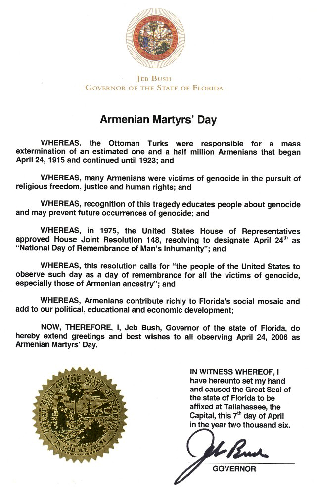 FLORIDA PROCLAMATION ON THE ARMENIAN GENOCIDE